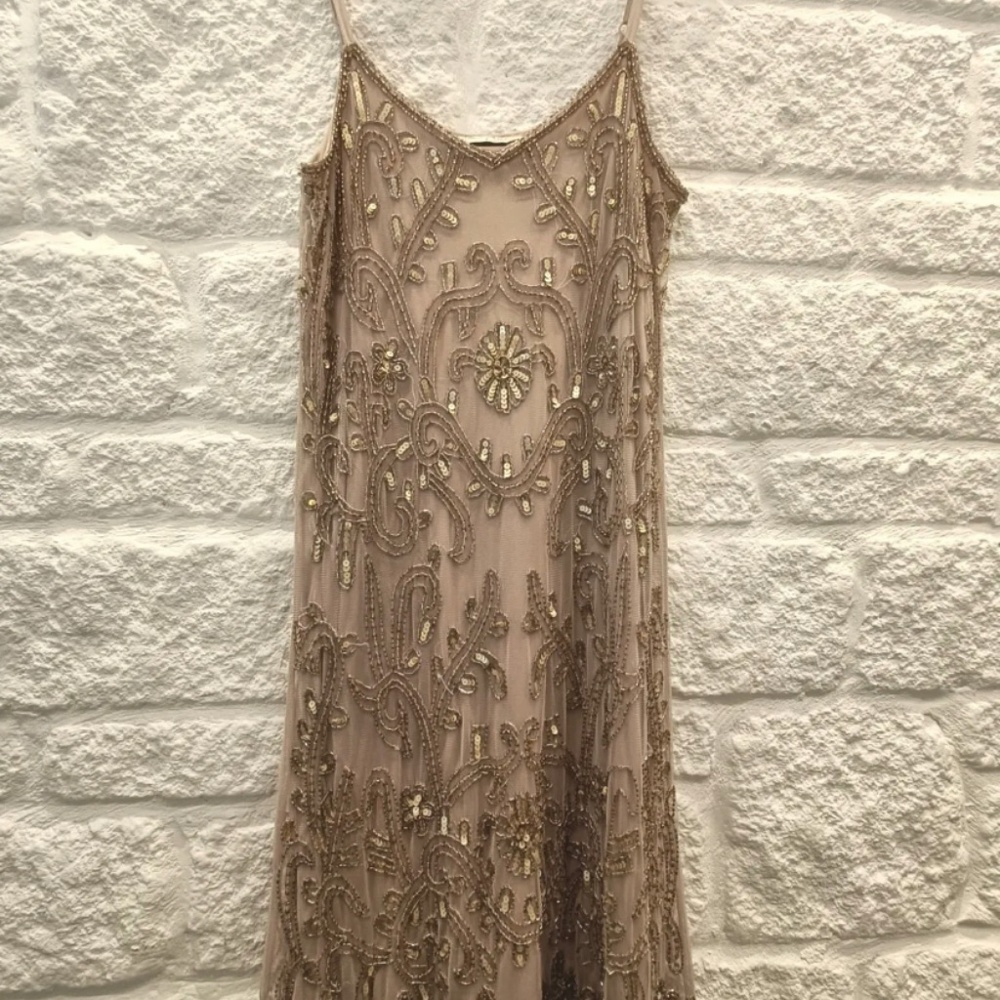 Women's Miss Selfridge Size 6 Nude Beaded  Sequin Knee Length Dress Party Xmas